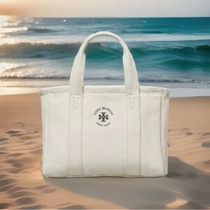 {Tory Burch} Natural Canvas Tote Bag - Double Top Handle for Beach/Summer Bag